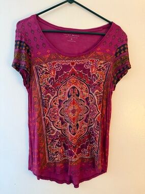 Lucky Brand Magenta Boho Medallion Scoop Neck Tee
